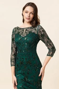 Vert Foncé Manches Longues Perlant Robe De Mère De Mariée -Zapaka YYZL371DarkGreen 3