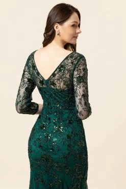 Vert Foncé Manches Longues Perlant Robe De Mère De Mariée -Zapaka YYZL371DarkGreen 4