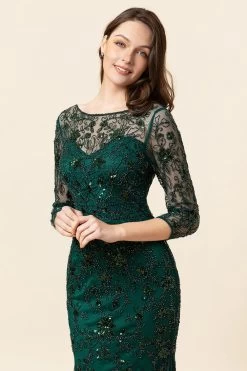 Vert Foncé Manches Longues Perlant Robe De Mère De Mariée -Zapaka YYZL371DarkGreen 6