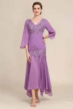 Sirène Violette Gris Mousseline De Mousseline Robe De Mère De La Mariée Avec Dentelle