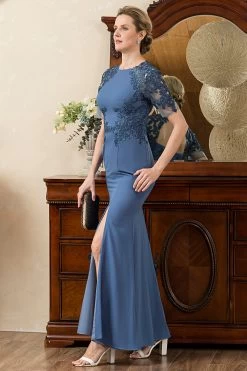 Robe De Mère De Mariée à Dos Ouvert à Dos Bleu Avec Fente -Zapaka YYZL455Blue 5