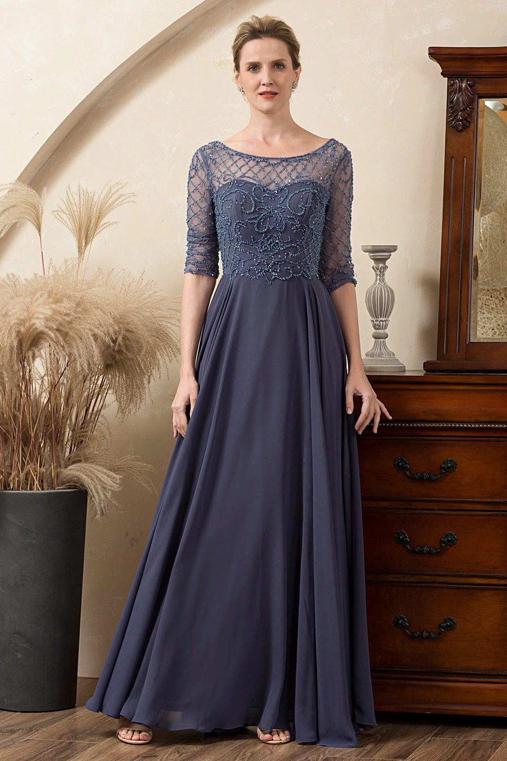 Robe De Mère De Mariée Perlée Gris Bleu Scintillant 3 Robe De Mère De Mariée Perlée Gris Bleu Scintillant