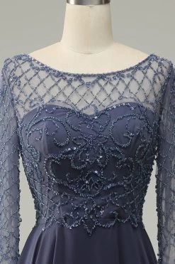 Perlage Manches Longues Robe De Mère De Mariée -Zapaka YYZL459 Grey Blue 4