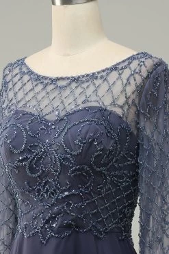 Perlage Manches Longues Robe De Mère De Mariée -Zapaka YYZL459 Grey Blue 5