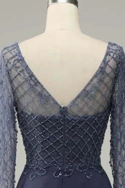 Perlage Manches Longues Robe De Mère De Mariée -Zapaka YYZL459 Grey Blue 6