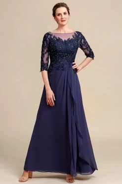 Manches Longues Robe Mère De Mariée Bleue Avec Appliques