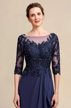 Manches Longues Robe Mère De Mariée Bleue Avec Appliques -Zapaka YYZL463 Grey Blue 3
