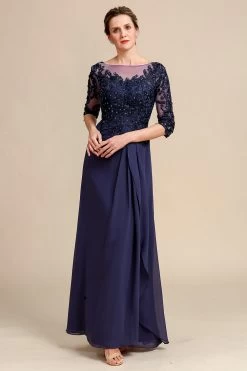 Manches Longues Robe Mère De Mariée Bleue Avec Appliques -Zapaka YYZL463 Grey Blue 4