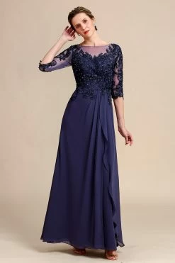 Manches Longues Robe Mère De Mariée Bleue Avec Appliques -Zapaka YYZL463 Grey Blue 6