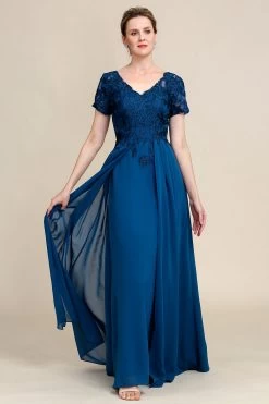 Robe De Mère De Mariée Bleue A Line Avec Appliques -Zapaka YYZL465 Grey Blue 3