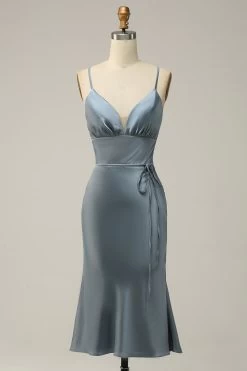 Robe De Demoiselle D'honneur Bleue En Satin à Bretelles Spaghetti
