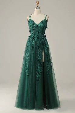 Robe De Bal En Tulle Vert Foncé A Line Avec Fente