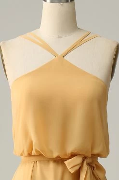 Une Robe De Demoiselle D’honneur Longue Jaune Halter Line Avec Nœud Papillon 11 Une Robe De Demoiselle D’honneur Longue Jaune Halter Line Avec Nœud Papillon -Zapaka YYZL542Yellow 4