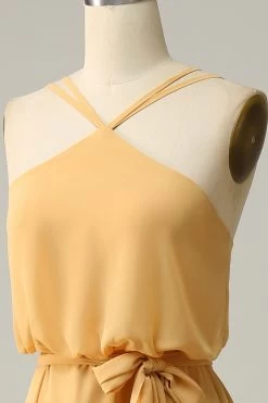 Une Robe De Demoiselle D’honneur Longue Jaune Halter Line Avec Nœud Papillon 12 Une Robe De Demoiselle D’honneur Longue Jaune Halter Line Avec Nœud Papillon -Zapaka YYZL542Yellow 5