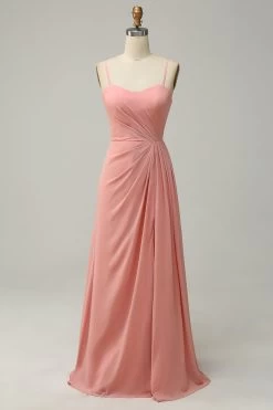 Une Ligne Spaghetti Straps Blush Long Bridesmaid Dress