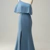 Gaine One Shoulder Blue Plus Taille Robe De Demoiselle D’honneur Avec Limon