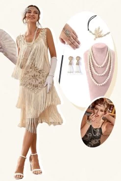 Champagne Paillettes Franges 1920s Gatsby Robe Avec 20s Accessoires Set
