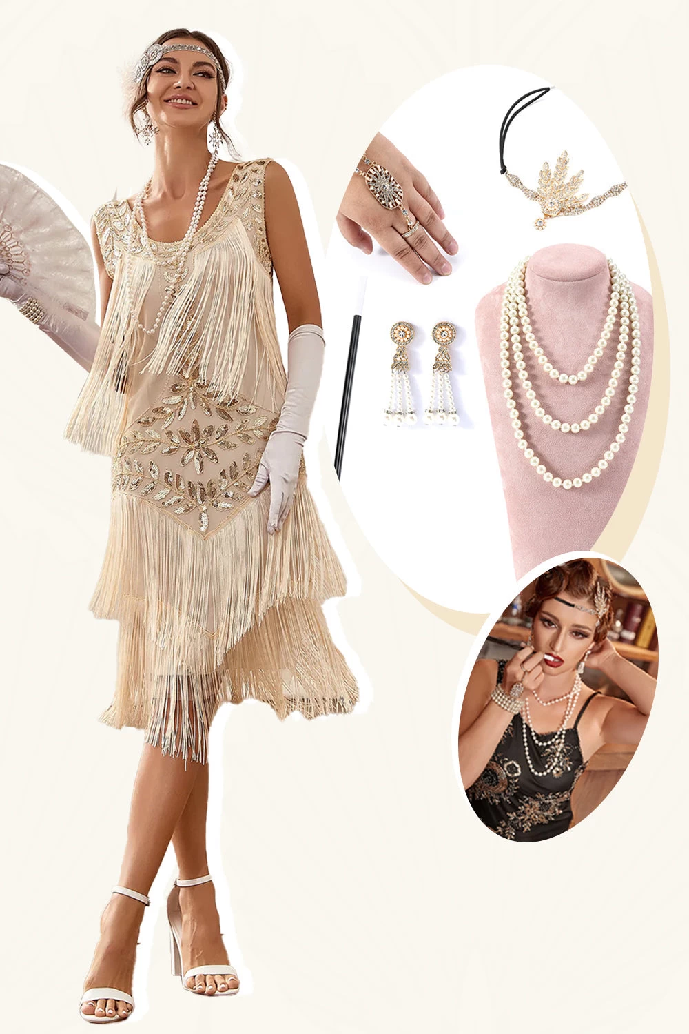 Champagne Paillettes Franges 1920s Gatsby Robe Avec 20s Accessoires Set 3 Champagne Paillettes Franges 1920s Gatsby Robe Avec 20s Accessoires Set
