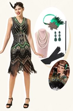 Paillettes Vert Noir Franges 1920s Gatsby Robe Avec 20s Accessoires Set