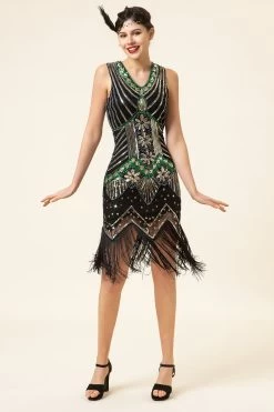 Paillettes Vert Noir Franges 1920s Gatsby Robe Avec 20s Accessoires Set -Zapaka YYZLHB230005 5