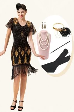Noir Et Paillettes Dorées Franges Robe Gatsby Des Années 20 Avec 20s Accessoires Set
