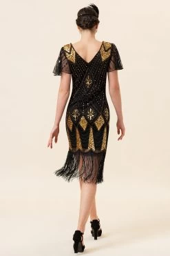 Noir Et Paillettes Dorées Franges Robe Gatsby Des Années 20 Avec 20s Accessoires Set -Zapaka YYZLHB230007 3