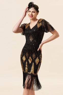 Noir Et Paillettes Dorées Franges Robe Gatsby Des Années 20 Avec 20s Accessoires Set -Zapaka YYZLHB230007 4