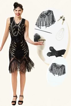 Paillettes Noires Fringes 1920s Robe à Clapet Avec 20s Accessoires Set