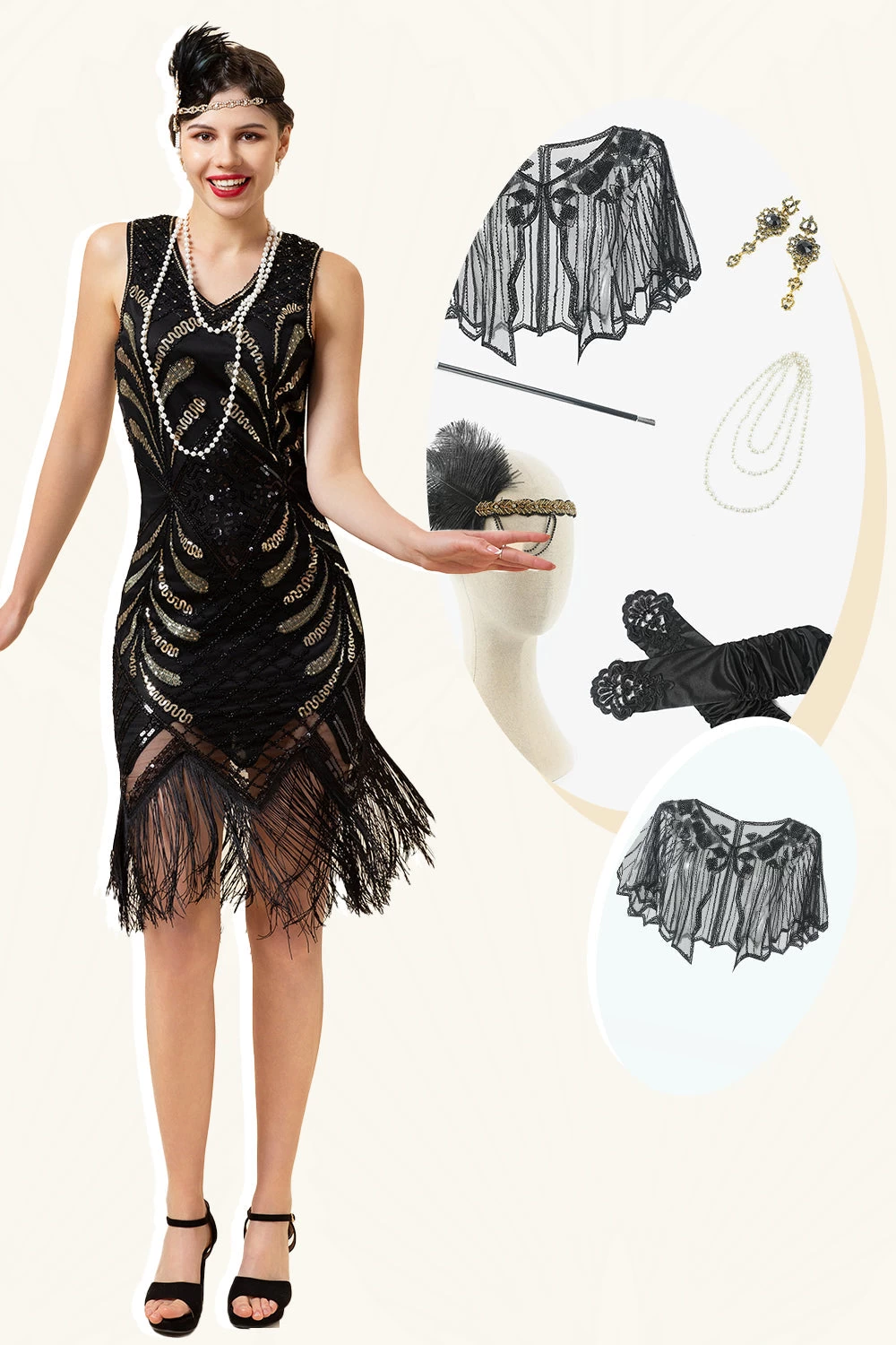 Paillettes Noires Fringes 1920s Robe à Clapet Avec 20s Accessoires Set 3 Paillettes Noires Fringes 1920s Robe à Clapet Avec 20s Accessoires Set