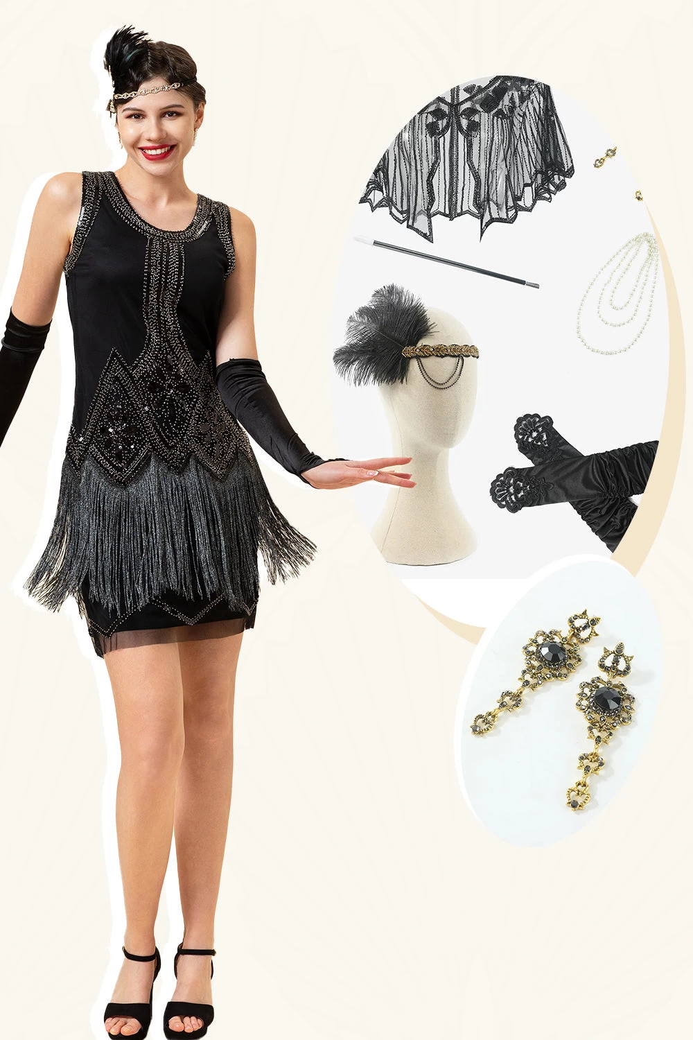 Robe Flapper à Franges Noires Des Années 20 Avec Ensemble D’accessoires Des Années 20 3 Robe Flapper à Franges Noires Des Années 20 Avec Ensemble D’accessoires Des Années 20