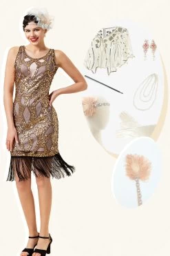 Robe à Franges à Paillettes Dorées Des Années 20 Avec Ensemble D’accessoires Des Années 20