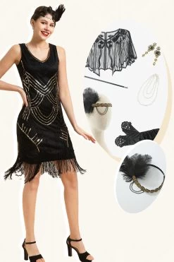 Paillettes Noires Fringes Robe à Clapet Gatsby Des Années 20 Avec 20s Accessoires Set