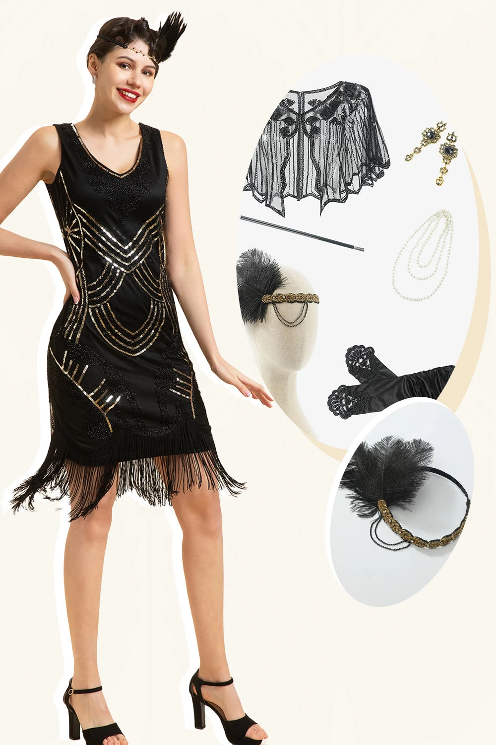 Paillettes Noires Fringes Robe à Clapet Gatsby Des Années 20 Avec 20s Accessoires Set 3 Paillettes Noires Fringes Robe à Clapet Gatsby Des Années 20 Avec 20s Accessoires Set
