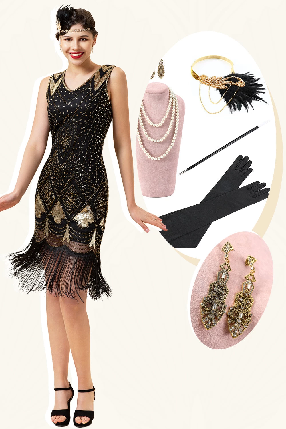 Noir Et Doré Paillettes Franges 1920s Gatsby Flapper Robe Avec 20s Accessoires Set 3 Noir Et Doré Paillettes Franges 1920s Gatsby Flapper Robe Avec 20s Accessoires Set