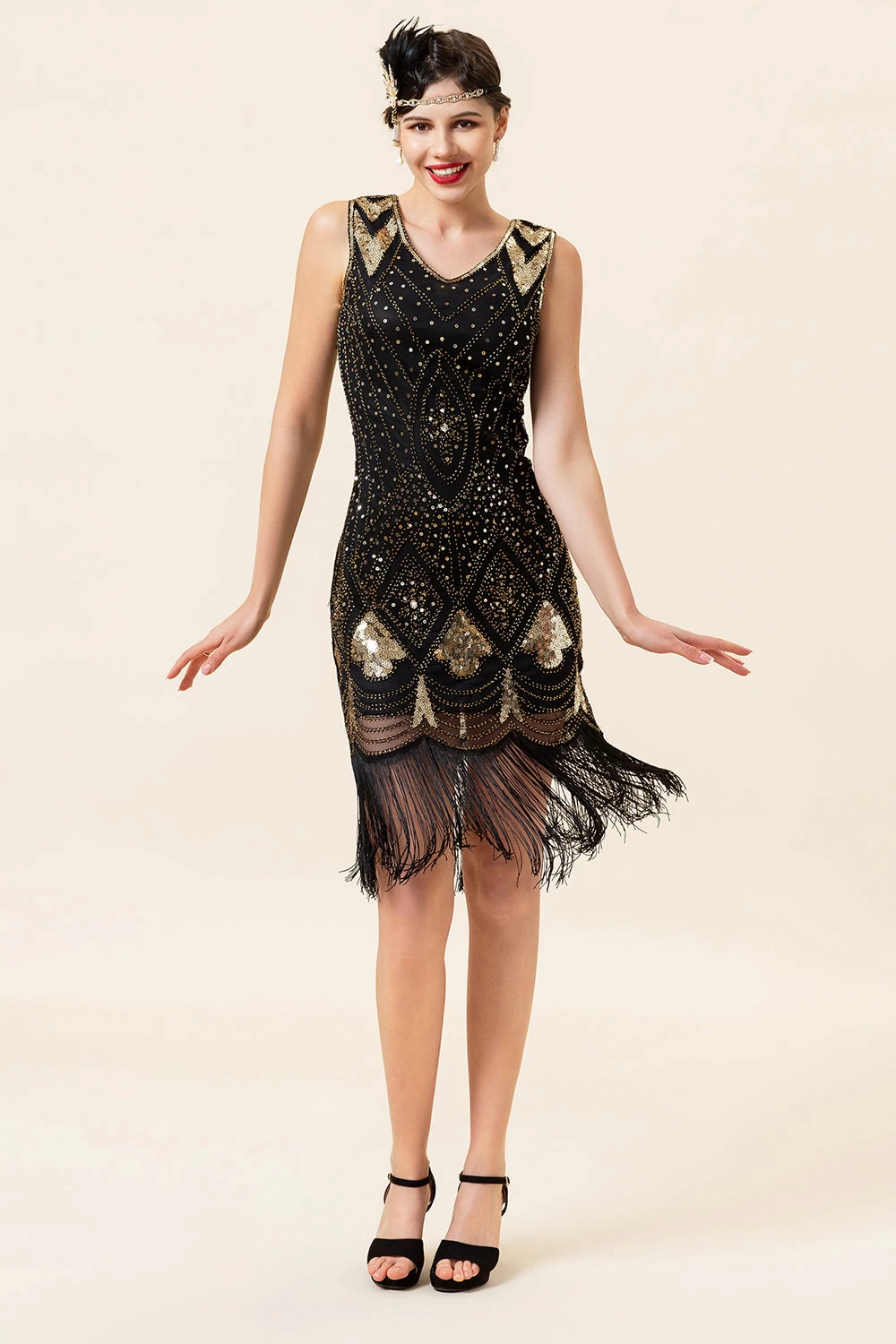 Noir Et Doré Paillettes Franges 1920s Gatsby Flapper Robe Avec 20s Accessoires Set 4 Noir Et Doré Paillettes Franges 1920s Gatsby Flapper Robe Avec 20s Accessoires Set – Image 2