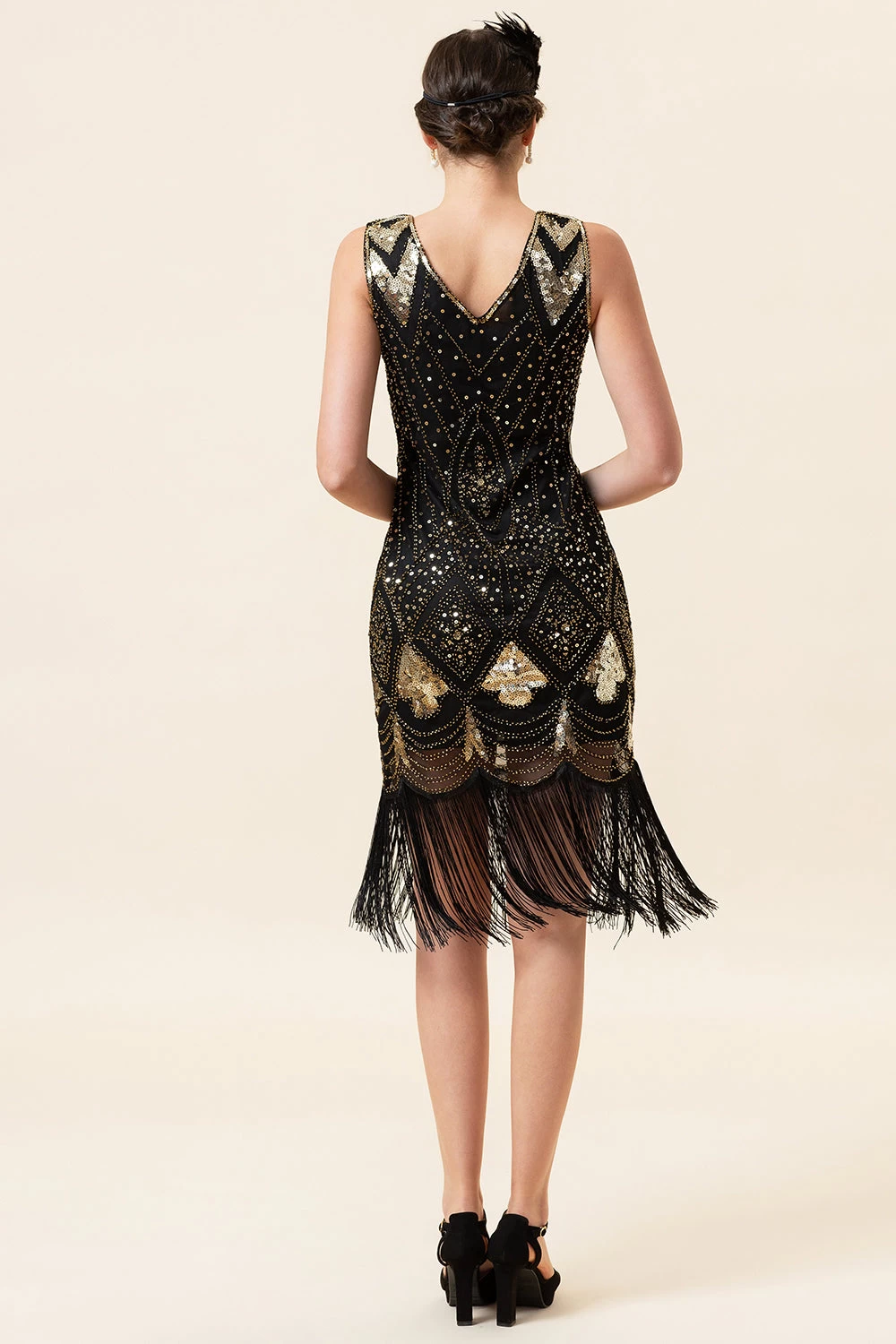 Noir Et Doré Paillettes Franges 1920s Gatsby Flapper Robe Avec 20s Accessoires Set 5 Noir Et Doré Paillettes Franges 1920s Gatsby Flapper Robe Avec 20s Accessoires Set – Image 3