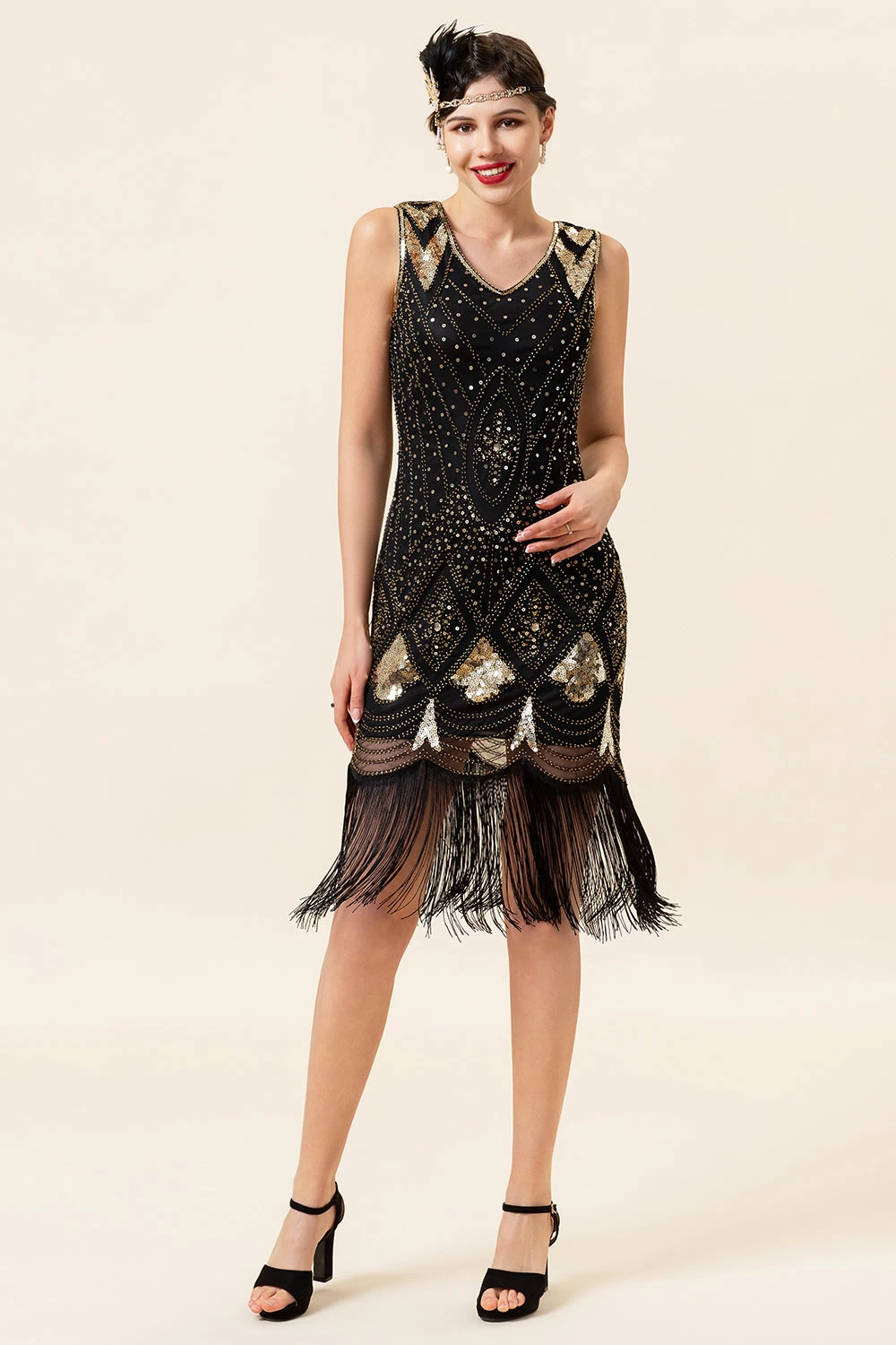 Noir Et Doré Paillettes Franges 1920s Gatsby Flapper Robe Avec 20s Accessoires Set 8 Noir Et Doré Paillettes Franges 1920s Gatsby Flapper Robe Avec 20s Accessoires Set – Image 6