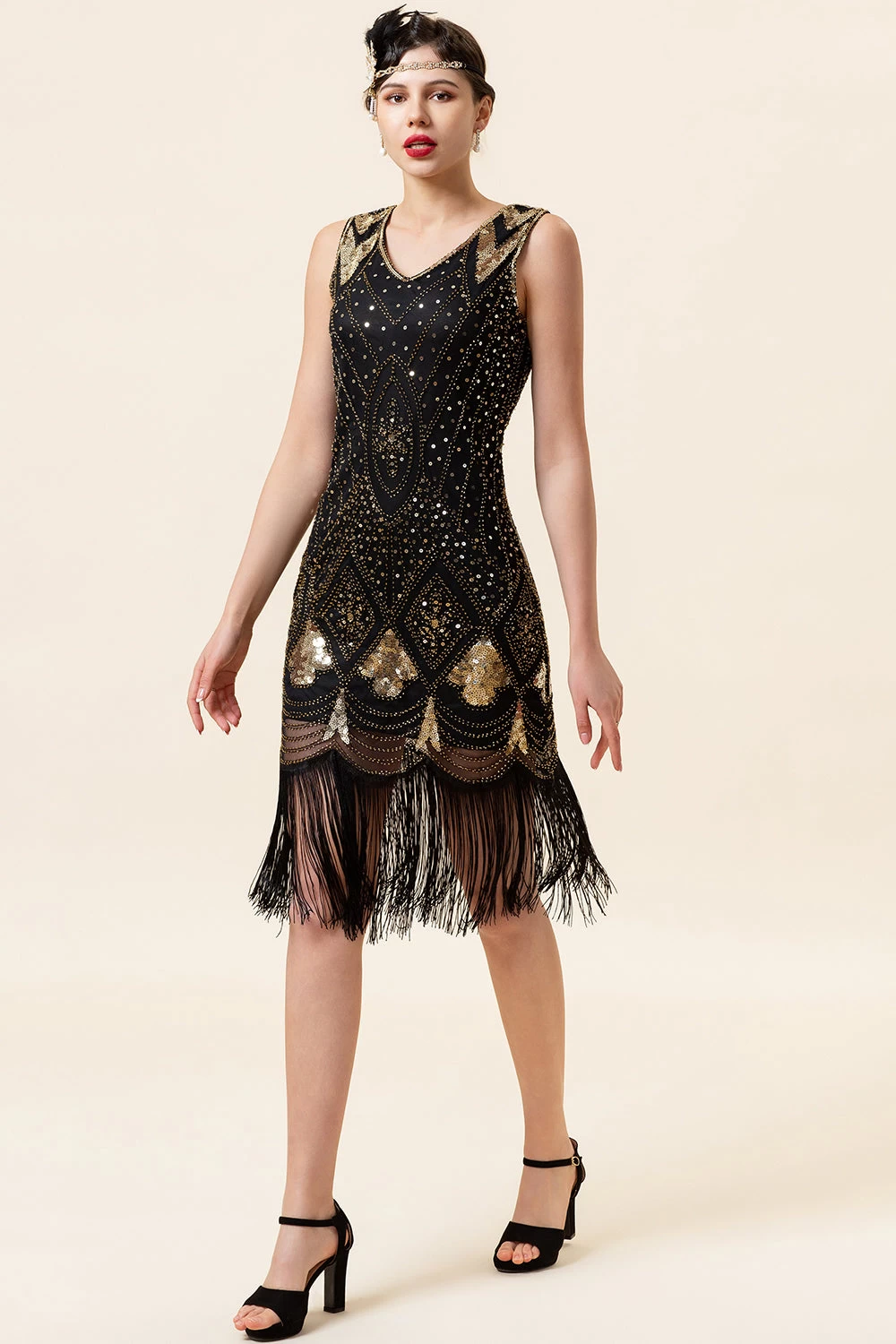 Noir Et Doré Paillettes Franges 1920s Gatsby Flapper Robe Avec 20s Accessoires Set 7 Noir Et Doré Paillettes Franges 1920s Gatsby Flapper Robe Avec 20s Accessoires Set – Image 5