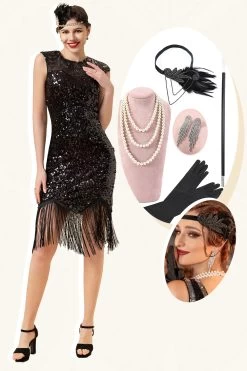 Paillettes Noires Fringes 1920s Robe Flapper Gatsby Avec 20s Accessoires Set