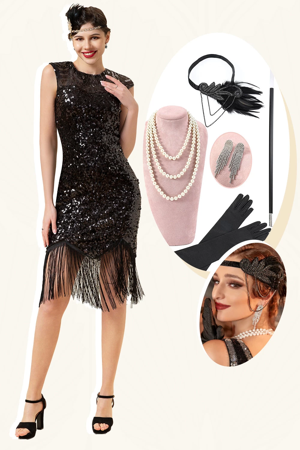 Paillettes Noires Fringes 1920s Robe Flapper Gatsby Avec 20s Accessoires Set 3 Paillettes Noires Fringes 1920s Robe Flapper Gatsby Avec 20s Accessoires Set