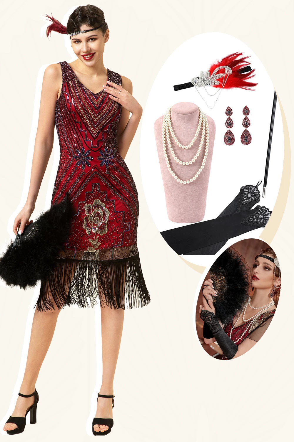 Bourgogne Franges à Paillettes 1920s Gatsby Flapper Robe Avec Accessoires Des Années 20 Set 3 Bourgogne Franges à Paillettes 1920s Gatsby Flapper Robe Avec Accessoires Des Années 20 Set