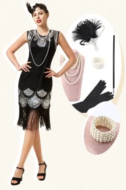 Noir Et Argent Franges à Paillettes Années 20 Robe Gatsby Flapper Avec 20s Accessoires Set