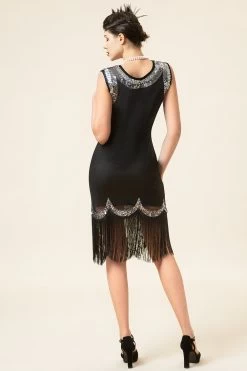 Noir Et Argent Franges à Paillettes Années 20 Robe Gatsby Flapper Avec 20s Accessoires Set -Zapaka YYZLHB230020 3