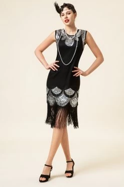 Noir Et Argent Franges à Paillettes Années 20 Robe Gatsby Flapper Avec 20s Accessoires Set -Zapaka YYZLHB230020 5