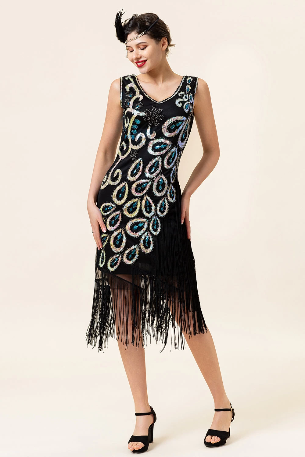 Franges à Paillettes Noires Et Bleues Robe Gatsby Flapper Des Années 20 Avec Ensemble D’accessoires Des Années 20 4 Franges à Paillettes Noires Et Bleues Robe Gatsby Flapper Des Années 20 Avec Ensemble D’accessoires Des Années 20 – Image 2