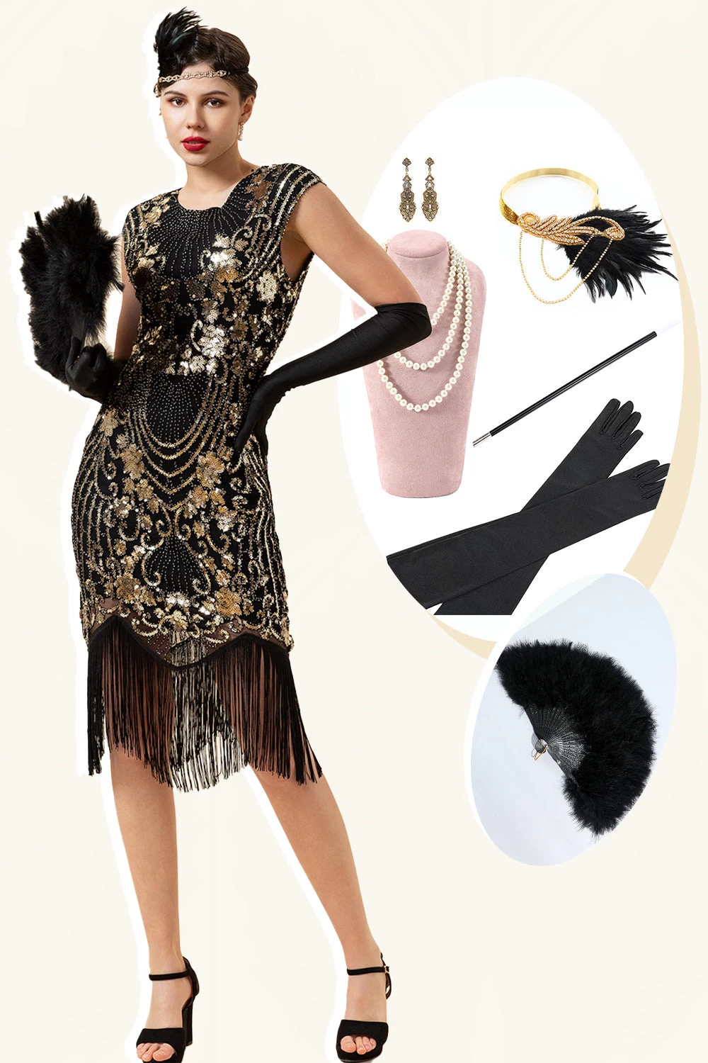 Manches Casquettes Noires Et Dorées Franges Pailletées Années 20 Gatsby Flapper Robe Avec Accessoires Des Années 20 Set 3 Manches Casquettes Noires Et Dorées Franges Pailletées Années 20 Gatsby Flapper Robe Avec Accessoires Des Années 20 Set