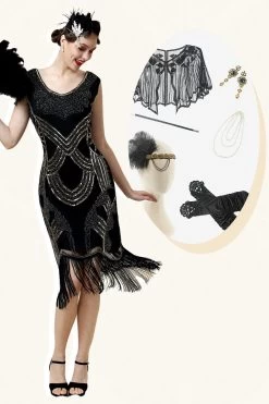 Robe De Soirée Gatsby Flapper Des Années 20 à Paillettes Noire Avec Ensemble D’accessoires Des Années 20