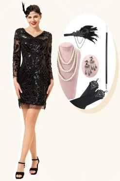 Noir à Paillettes à Manches Longues 1920s Gatsby Flapper Party Dress Avec 20s Accessoires Set