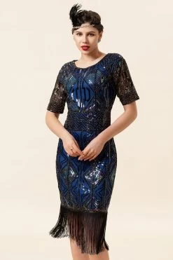 Robe Flapper à Franges Et Paillettes Bleu Marine Avec Ensemble D’accessoires Des Années 20 -Zapaka YYZLHB230045 4