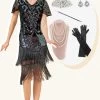 Paillettes Noires Robe Gatsby à Franges Avec Ensemble D’accessoires Des Années 20 -Zapaka YYZLHB230060 1 first